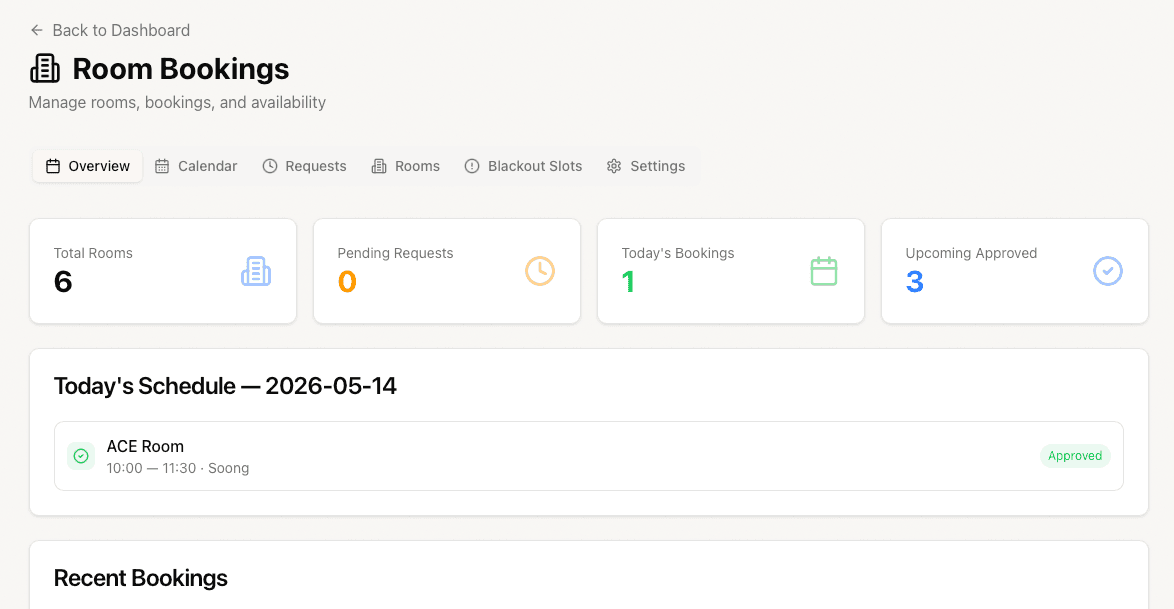 Room Bookings dashboard — overview with rooms, pending requests, and schedule