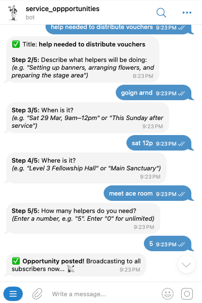 Posting a new volunteer opportunity via the Telegram bot