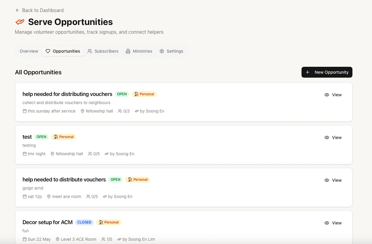 Serve Opportunities dashboard — manage volunteer opportunities and track signups